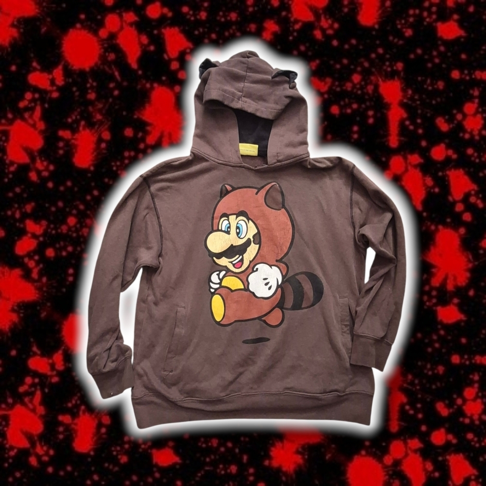 Y2K 2008 Hot Topic Nintendo Super Mario Bros Promo 3 Tanooki Brown Hoodie Size M